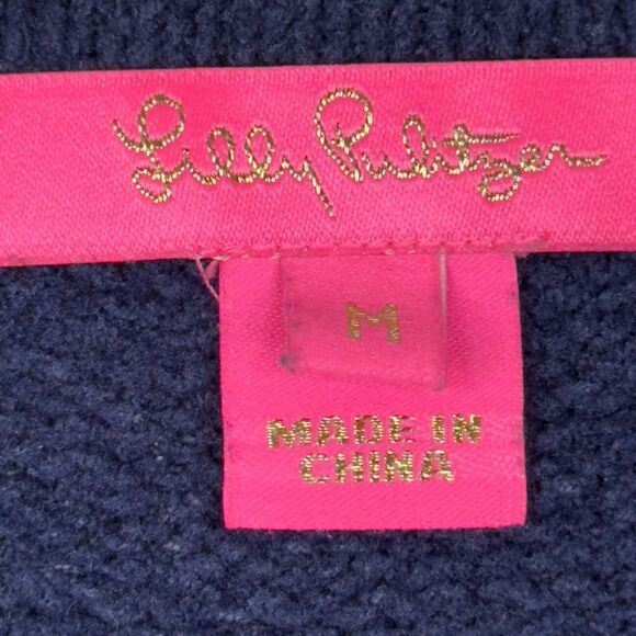 Lilly Pulitzer Galen Sweater Dress Navy Blue Medium Knit Ruffle Cuff Knee Length - Picture 6 of 12